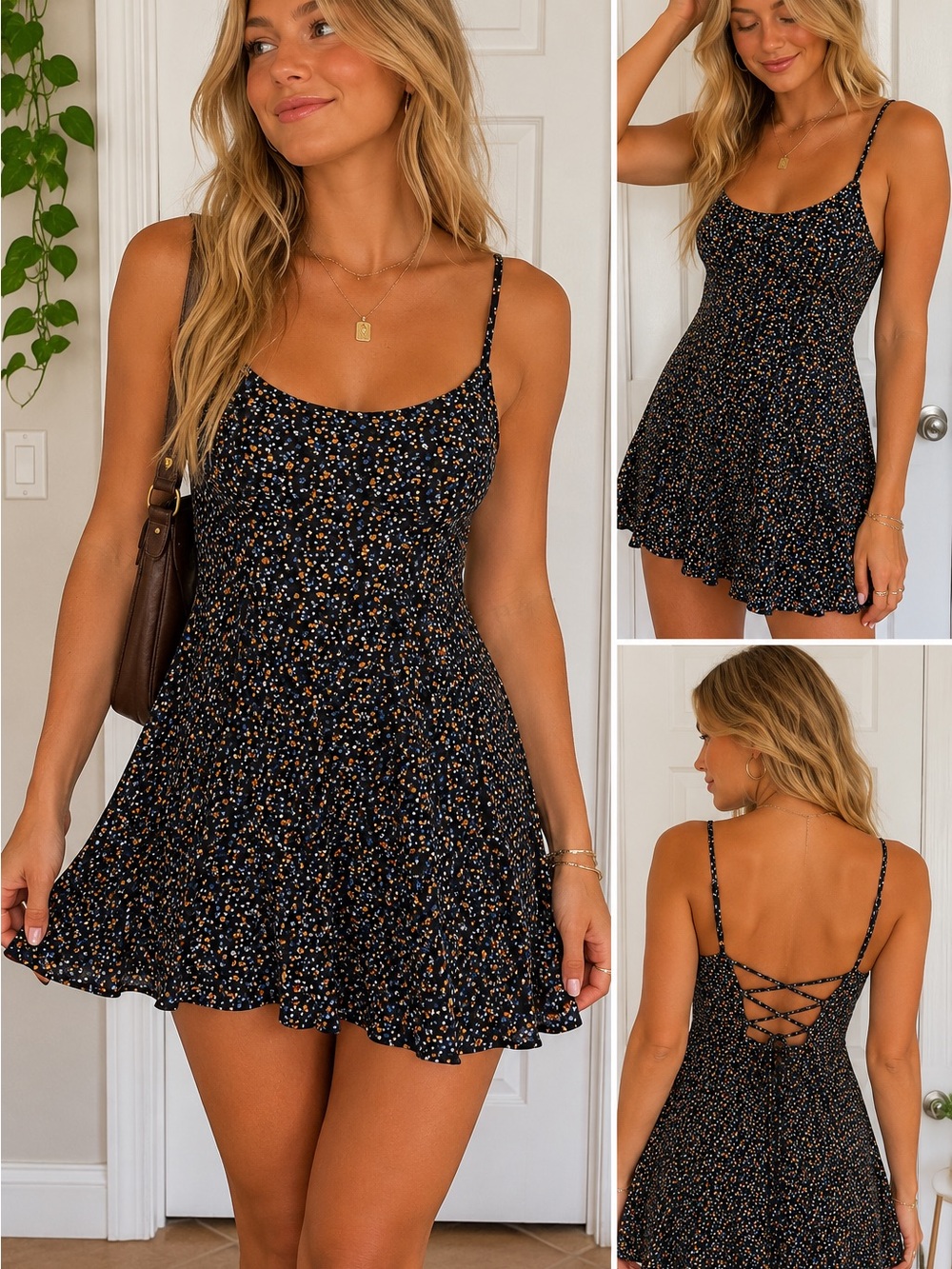 Hollister Black Lace Up Back Mini Dress with Orange & White Floral Print Size XS